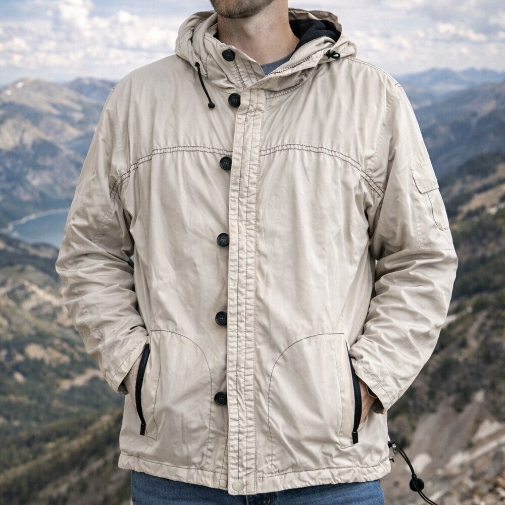 Company of Adventures, size M, men’s cream zip/button up coat. Mesh lining, hood